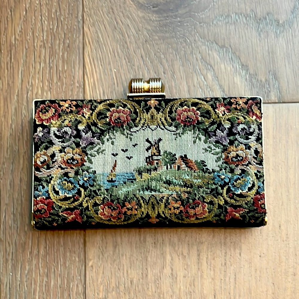 Vintage Tapestry Clutch Bag with Windmill Scene